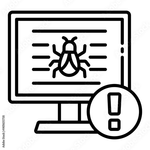 Computer with a virus bug alert outline icon