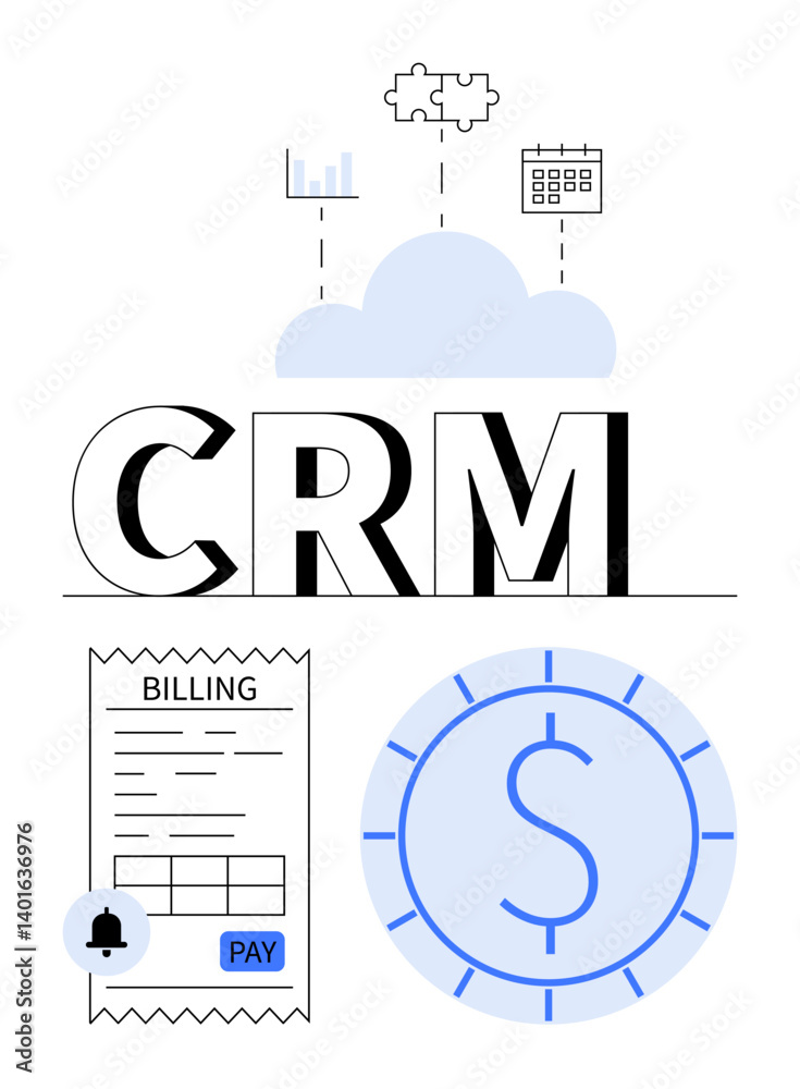Naklejka premium CRM text with cloud, chart, puzzle, and calendar icons above. Billing invoice and dollar coin below. Ideal for customer relationships, finance, automation, strategy analytics business flat simple