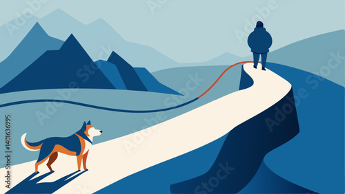 Mountain Trek A strong sy dog leads its human up a winding mountain trail. The dog has an adventurous look while the human slightly out of breath enjoys the breathtaking landscape.