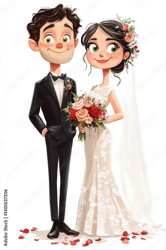 Humorous Wedding Illustration of Fun Loving Couple in Caricature Style