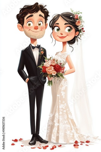 Obraz na płótnie Humorous Wedding Illustration of Fun Loving Couple in Caricature Style w salonie