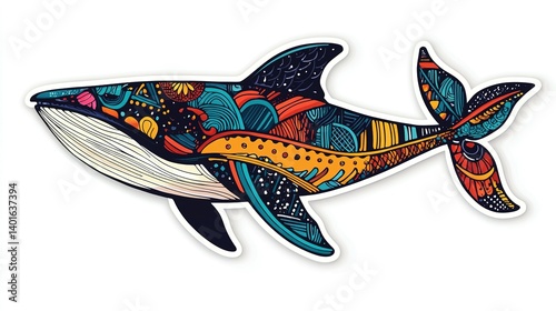 A vibrant, intricate whale design adorned with colorful, detailed patterns.