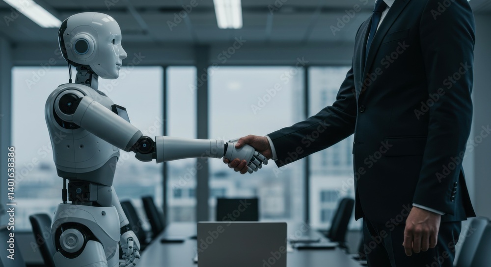 A humanoid robot and a human exchanging a handshake in a futuristic conference room. A humanoid robot and a human exchanging a handshake in a futuristic conference room.