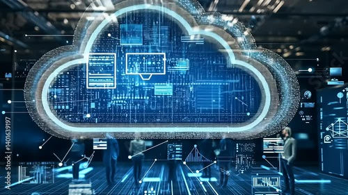 Digital future data cloud interface overlays in a modern office with people interacting with technology