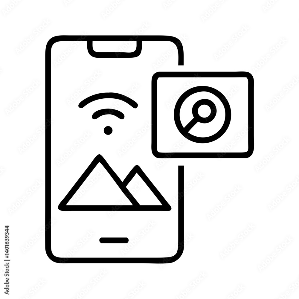 Minimalist black line icon of smartphone with image and magnifying glass, concept of mobile search, photo browsing and digital content discovery Minimalist black line icon of smartphone with image and magnifying glass, concept of mobile search, photo browsing and digital content discovery