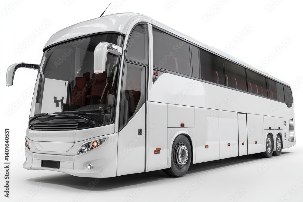Sleek white modern tour bus with tinted windows and streamlined design in a studio setting. Sleek white modern tour bus with tinted windows and streamlined design in a studio setting.