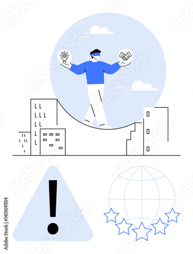 Person walking a tightrope holding icons for innovation and partnership over cityscape. Ideal for leadership, challenges, innovation, decision-making, business balance, success strategies, flat