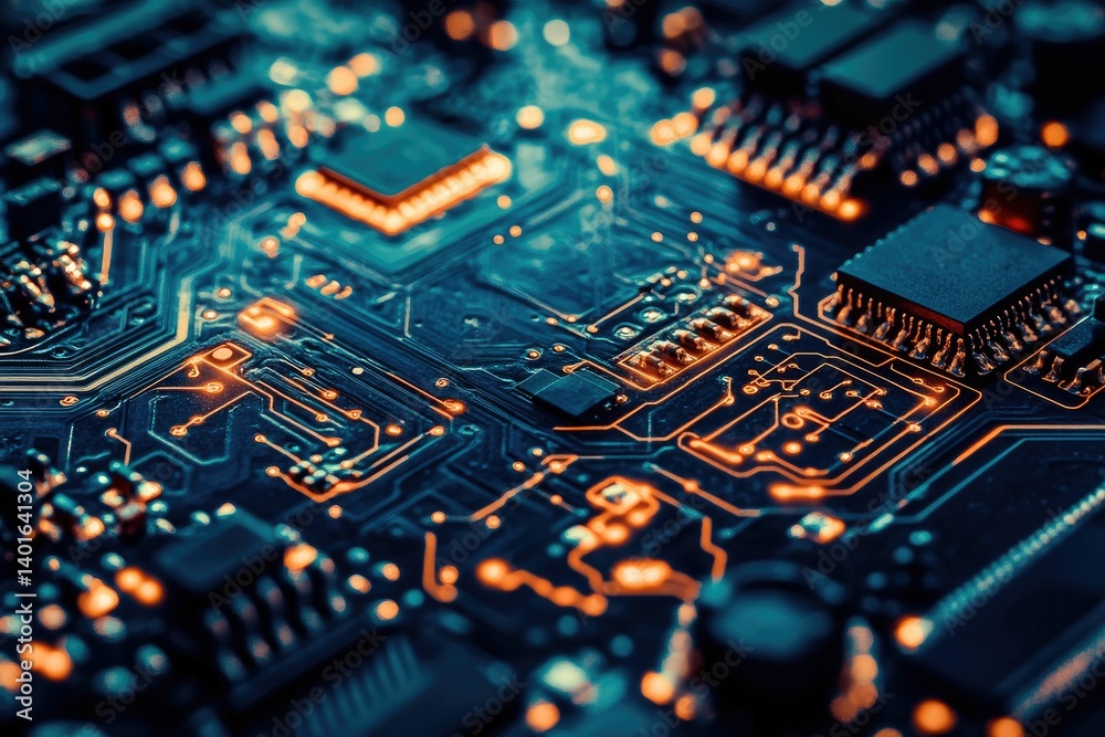 Obraz premium Examining Detailed Circuit Board with Microchips and Glowing Electronic Pathways