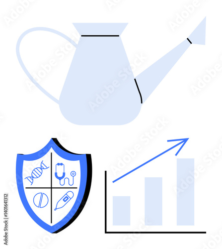 Watering can pouring, healthcare-themed shield, and upward graph arrow outline ideas of growth, health, and progress. Ideal for healthcare, business planning, finance, nurturing strategy