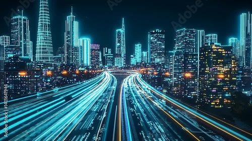 City at night with high-speed glowing light streaks, tall skyscrapers, and a vibrant atmosphere