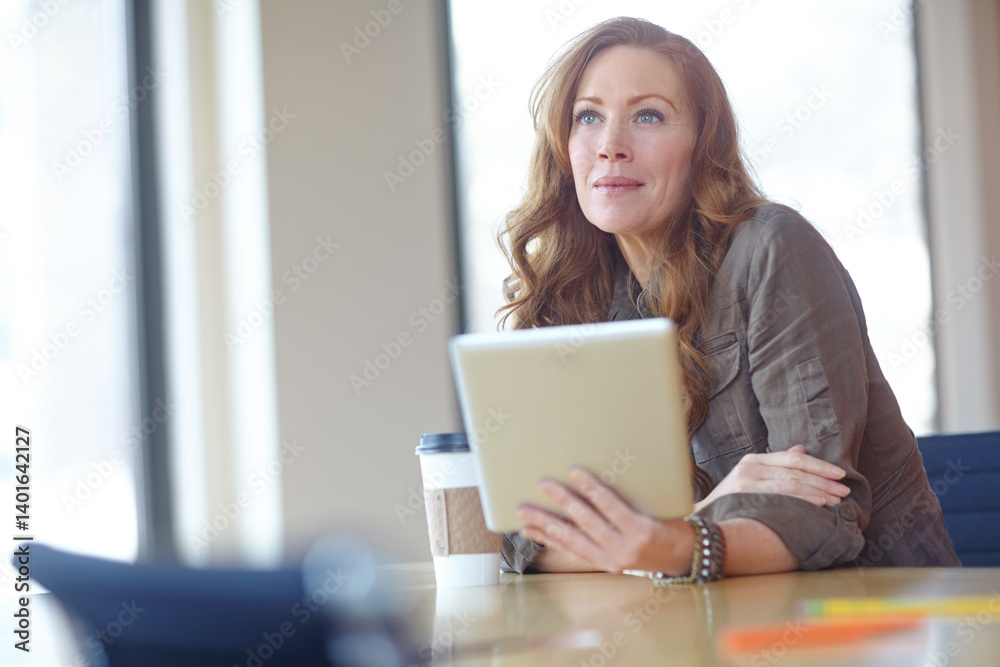 Vision, woman and employee with tablet in office for internet, email and plan for job in creative career. Thinking, idea and editor of magazine with tech in workspace for contact, web or social media Vision, woman and employee with tablet in office for internet, email and plan for job in creative career. Thinking, idea and editor of magazine with tech in workspace for contact, web or social media
