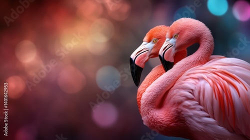 Obraz na płótnie This enchanting image captures twin flamingos nestled closely together, creating a romantic setting against a dreamy bokeh background, filled with vibrant colors and light. w salonie