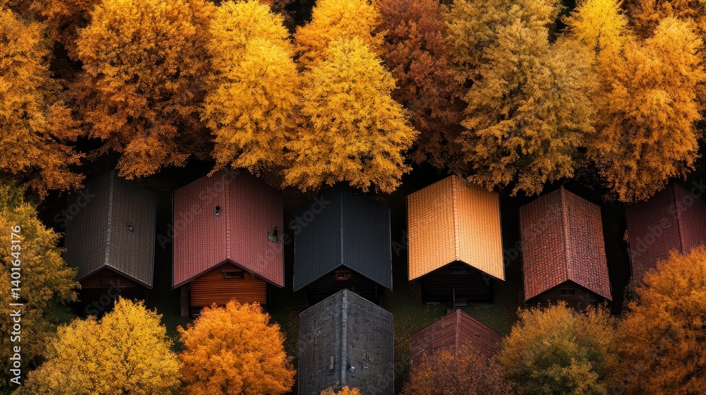 An aerial perspective of homes nestled within vibrant autumn trees, showcasing beautiful fall colors that create a captivating and serene landscape of the season.