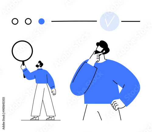 Man holding magnifying glass inspects details, thinking pose symbolizes curiosity, decision-making. Checklist and completion mark indicate review process. Ideal for research, problem-solving