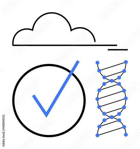Cloud outline, DNA strand with dots, and checkmark in circle. Ideal for science, technology, genetics, cloud storage, biotechnology quality assurance and research. Flat simple metaphor