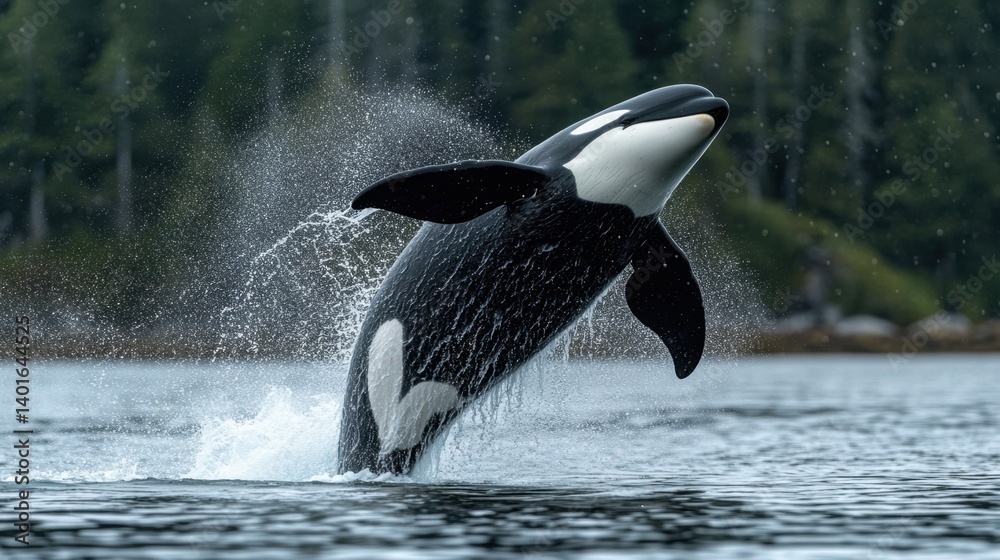 Obraz premium A majestic orca breaches the water, creating a splash against a forested backdrop. Powerful and dynamic wildlife photography