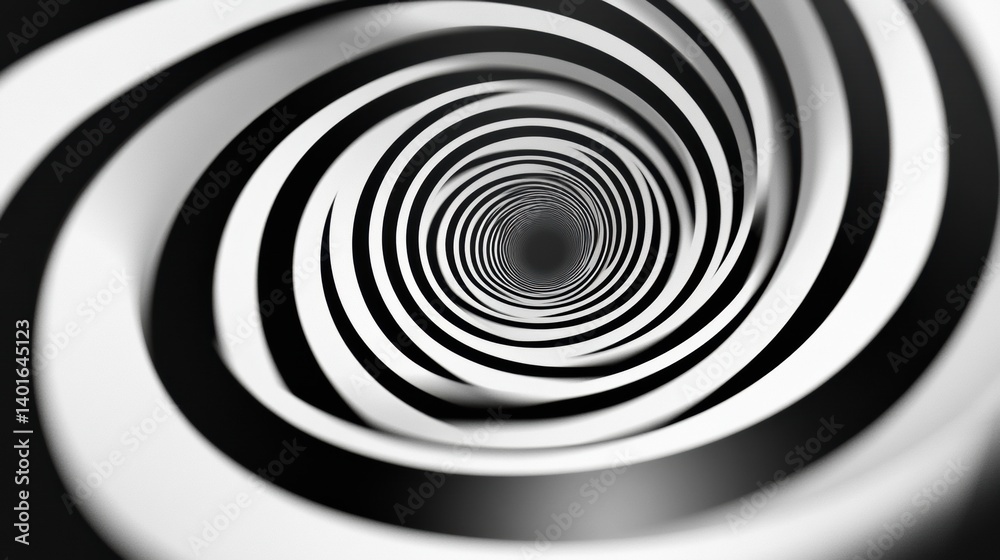 Fototapeta premium Op-art concentric circles create an illusion of depth and movement in a mesmerizing black and white spiral design