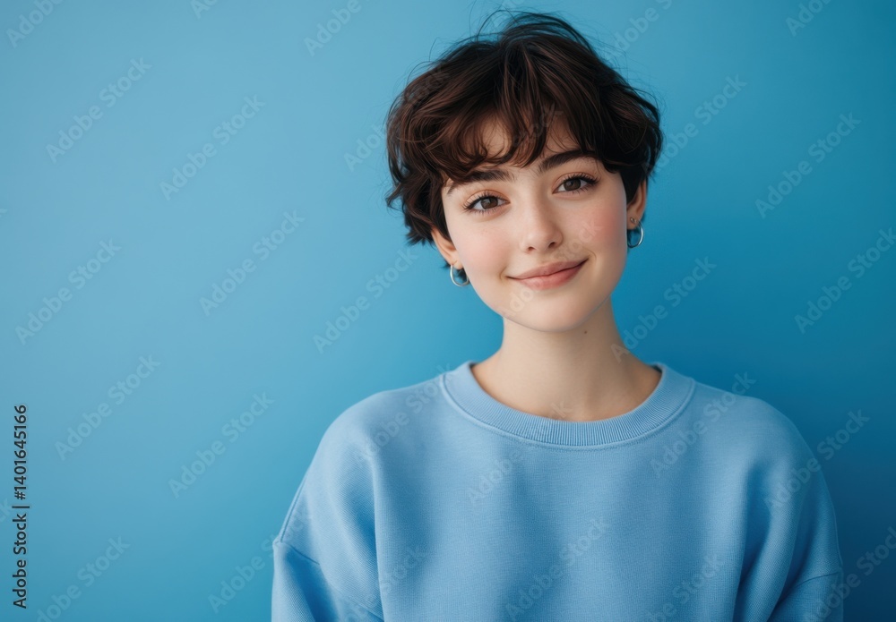 Portrait of a Smiling Young Woman with Short Brown Hair Wearing a Light Blue Sweatshirt Against a Solid Blue Background Portrait of a Smiling Young Woman with Short Brown Hair Wearing a Light Blue Sweatshirt Against a Solid Blue Background