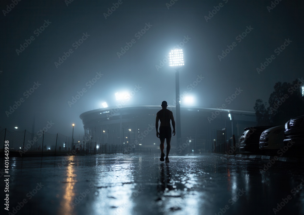 Silhouette of a man walking towards an illuminated stadium at night. Silhouette of a man walking towards an illuminated stadium at night.