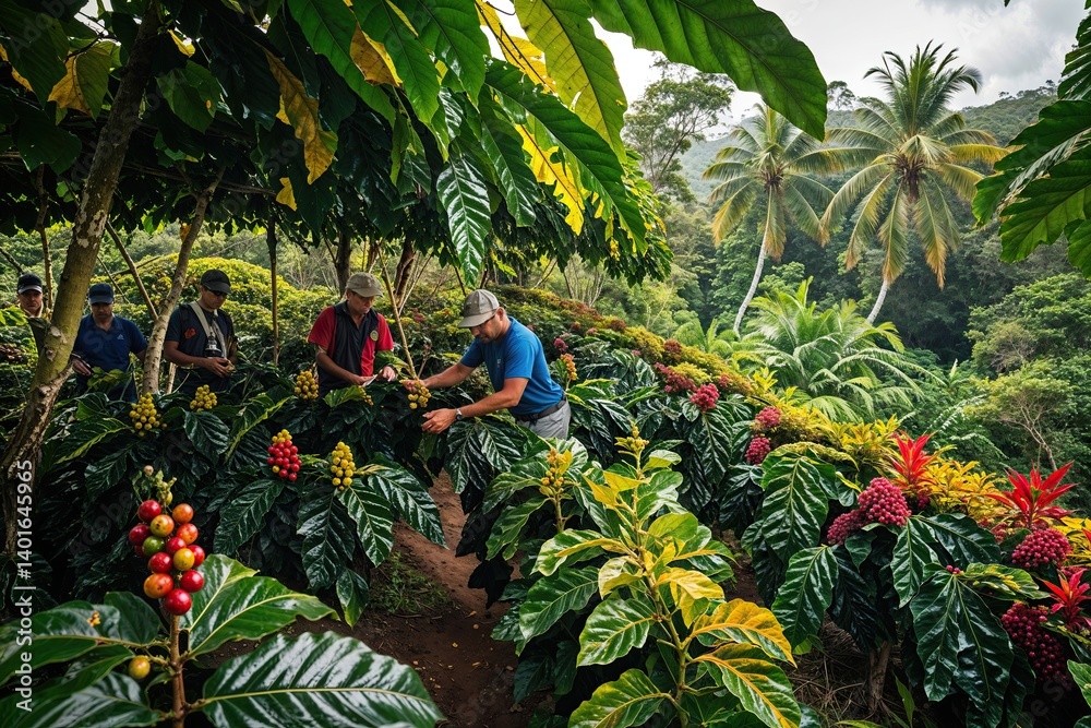 Fototapeta premium Diverse Coffee Varieties Flourishing in Tropical Ecosystems Beneath Lush Canopies