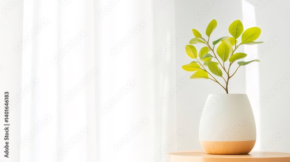 custom made wallpaper toronto digital白い背景の木製テーブルに置かれたシンプルな白い花瓶に生けられた鮮やかな緑色の葉を持つ植物