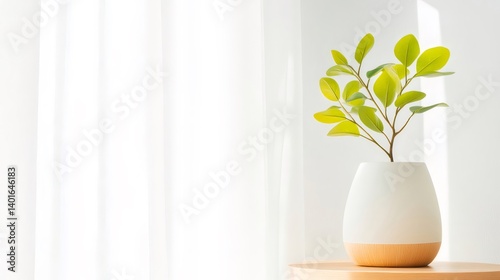 Wallpaper Mural 白い背景の木製テーブルに置かれたシンプルな白い花瓶に生けられた鮮やかな緑色の葉を持つ植物 Torontodigital.ca