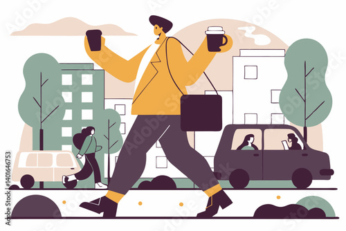 A stylized illustration depicting a person commuting in a city, balancing a phone and coffee while walking past other commuters and urban elements.