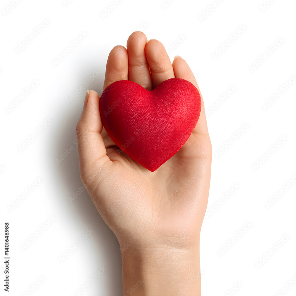 Fototapeta premium A person's hand gently cradles a vibrant red heart, a symbol of love and support on white.