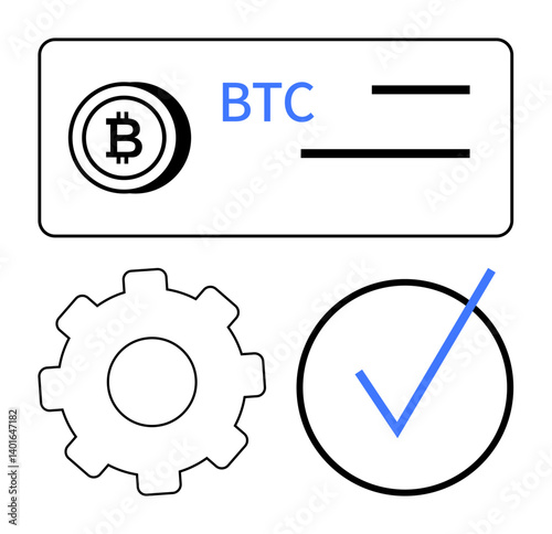 Bitcoin tag, blue BTC text, gear for settings, and checkmark for approval. Ideal for blockchain, cryptocurrency, finance, security tech validation trading. Minimal flat simple metaphor