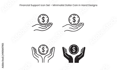 Minimalist Dollar Coin in Hand Icon Set – Financial Support and Money Donation Vector