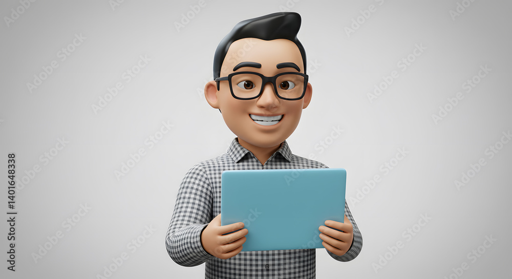 3D Cartoon Man Holding Tablet with Plaid Shirt against Neutral Gray Backdrop 3D Cartoon Man Holding Tablet with Plaid Shirt against Neutral Gray Backdrop