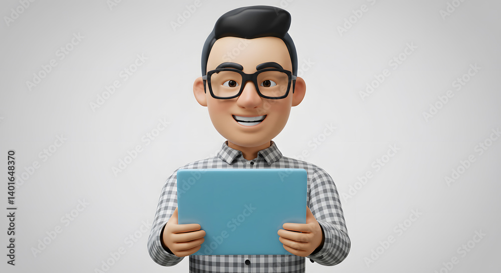 Cartoon man presenting digital tablet with a cheerful expression for technology advertisements and educational materials Cartoon man presenting digital tablet with a cheerful expression for technology advertisements and educational materials