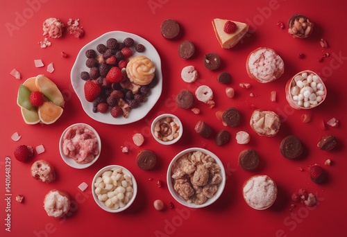 food concept healthy red composition sweets lay choice background flat space diet organic fast sugar eat slimming unhealthy fresh care dieting body control nourishment wellness lifestyle snack
