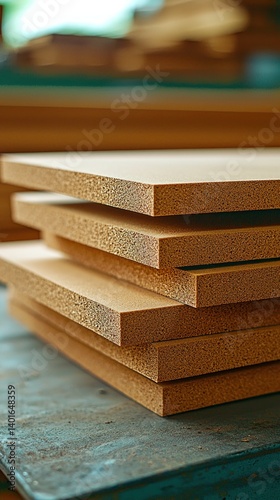 Stacked sheets of brown medium-density fiberboard on a worktable in a workshop