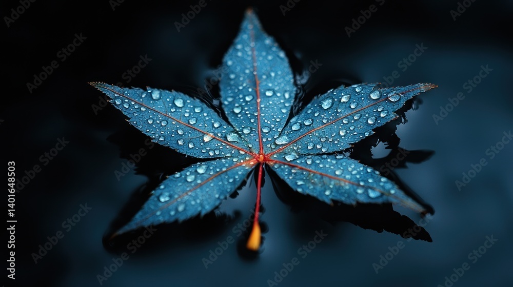Blue maple leaf with water droplets floating on dark water. Blue maple leaf with water droplets floating on dark water.