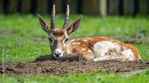 A beautiful roan antelope rests in a dirt wallow on a lush green field, gazing directly at the viewer