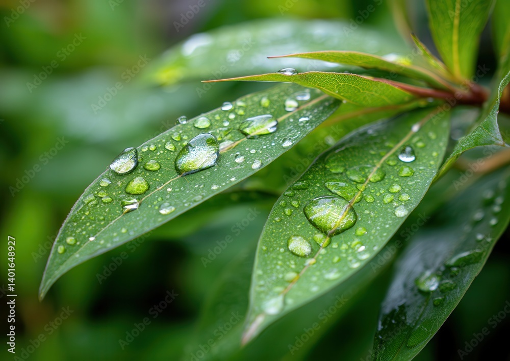 Close-up of green leaves with water droplets after a fresh rainfall in a lush garden. Close-up of green leaves with water droplets after a fresh rainfall in a lush garden.