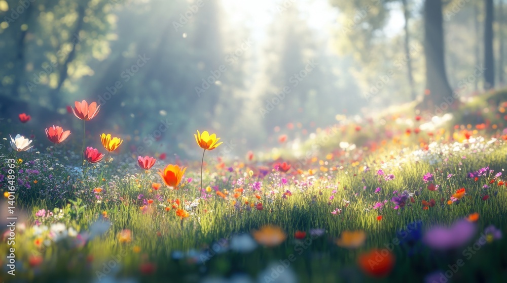 Fototapeta premium Meadow filled with colorful flowers under soft sunlight