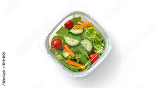 Freshly prepared salad featuring tomatoes, cucumbers, and carrots in a clear plastic container.