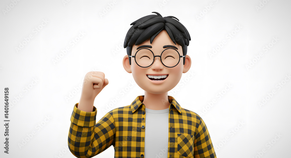 Enthusiastic Cartoon Man with Glasses Celebrating Success, Exuding Happiness and Accomplishment in a Yellow Checked Shirt Enthusiastic Cartoon Man with Glasses Celebrating Success, Exuding Happiness and Accomplishment in a Yellow Checked Shirt