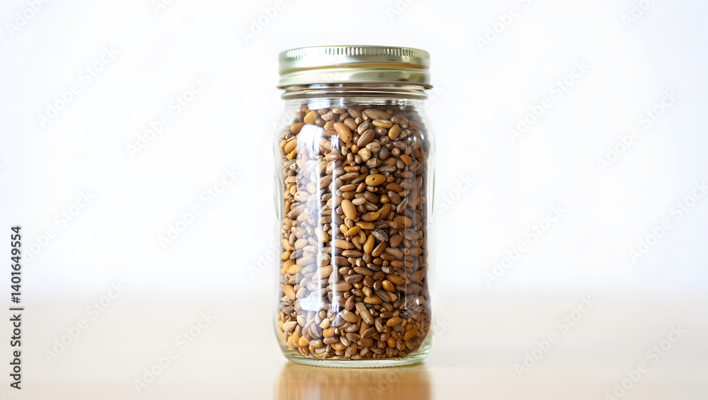 A clear glass jar is filled with grains and sits on a reflective wooden surface. A clear glass jar is filled with grains and sits on a reflective wooden surface.