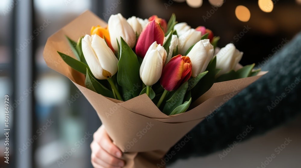This stunning image features a vibrant bouquet of tulips in various colors lovingly arranged for a cheerful display, creating a sense of joy and beauty in floral art.