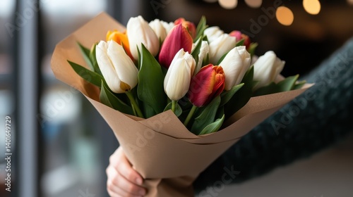 Obraz na płótnie This stunning image features a vibrant bouquet of tulips in various colors lovingly arranged for a cheerful display, creating a sense of joy and beauty in floral art. w salonie