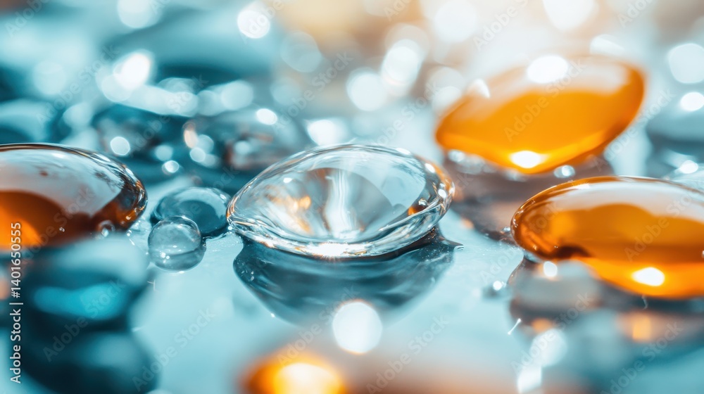 Colorful water droplets lay scattered on a surface, showcasing a stunning array of reflections and shapes, creating an artistic representation of nature's beauty and complexity.