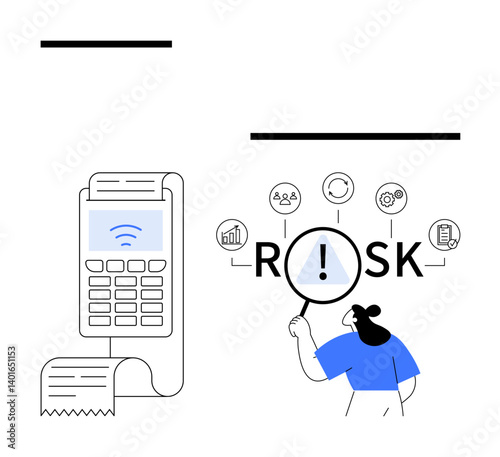 Wireless payment terminal issuing receipt beside a magnifier over RISK text with analytics icons. Ideal for fintech, business risk, technology, data analysis, commerce, decision-making, abstract line