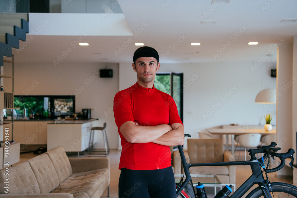 Photo of a determined triathlete standing in a modern large living room, behind him is his training bike