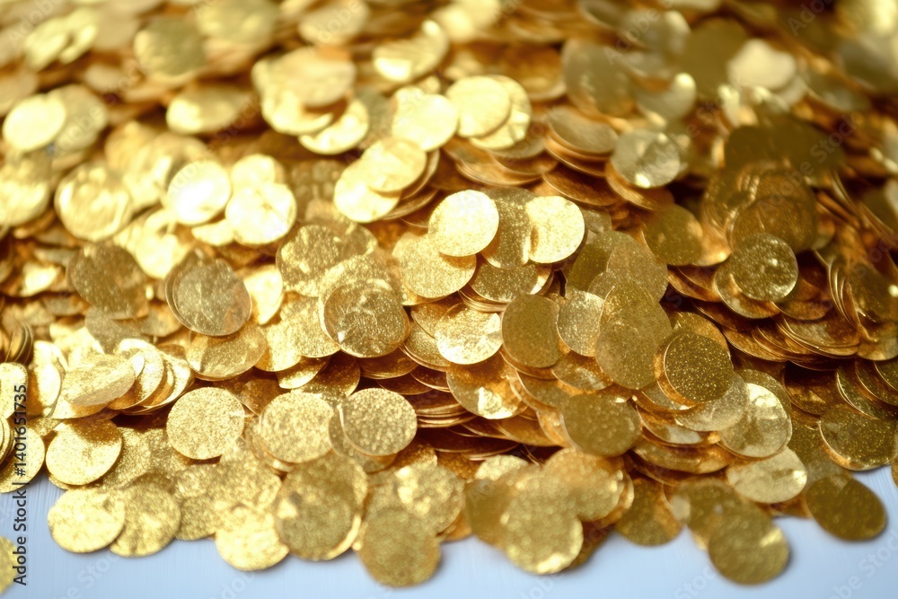 A detailed view of a stack of shiny gold coins resting on a wooden table. A detailed view of a stack of shiny gold coins resting on a wooden table.