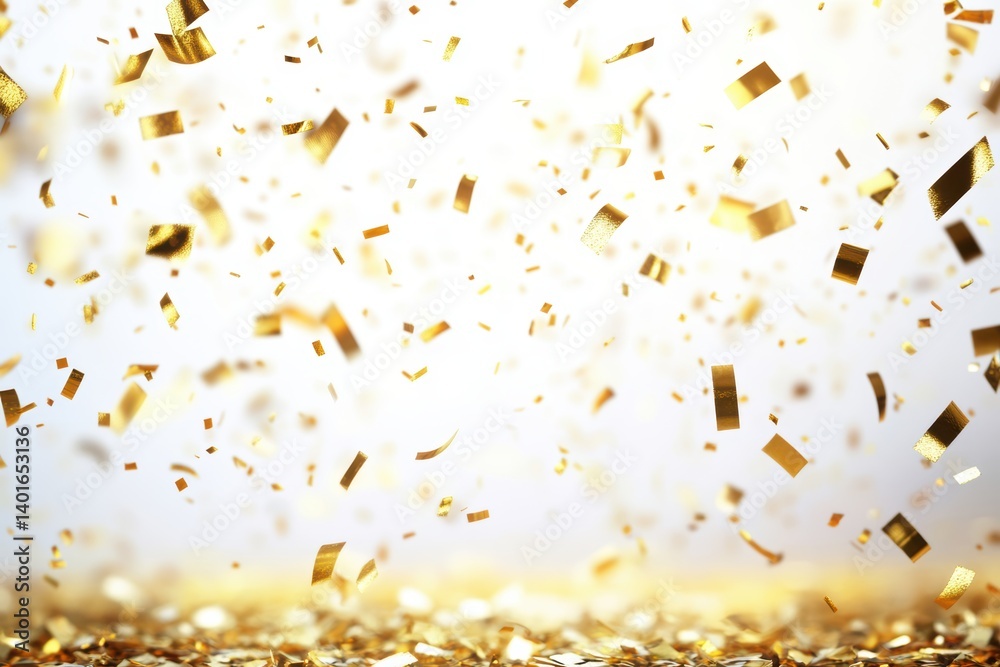 A close-up view of shimmering gold confetti drifting down from above.