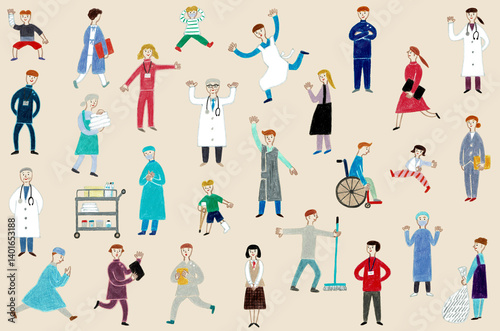 Wallpaper Mural 手描きイラスト　病院で働く人々と患者のイラスト Torontodigital.ca