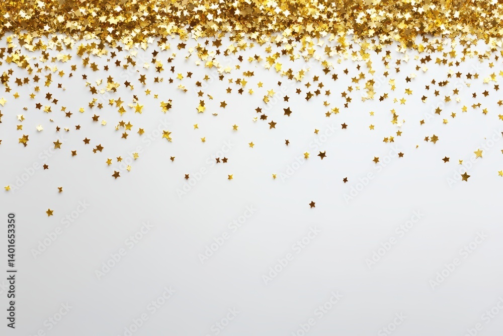 Gold star-shaped confetti scattered on a clean white background.